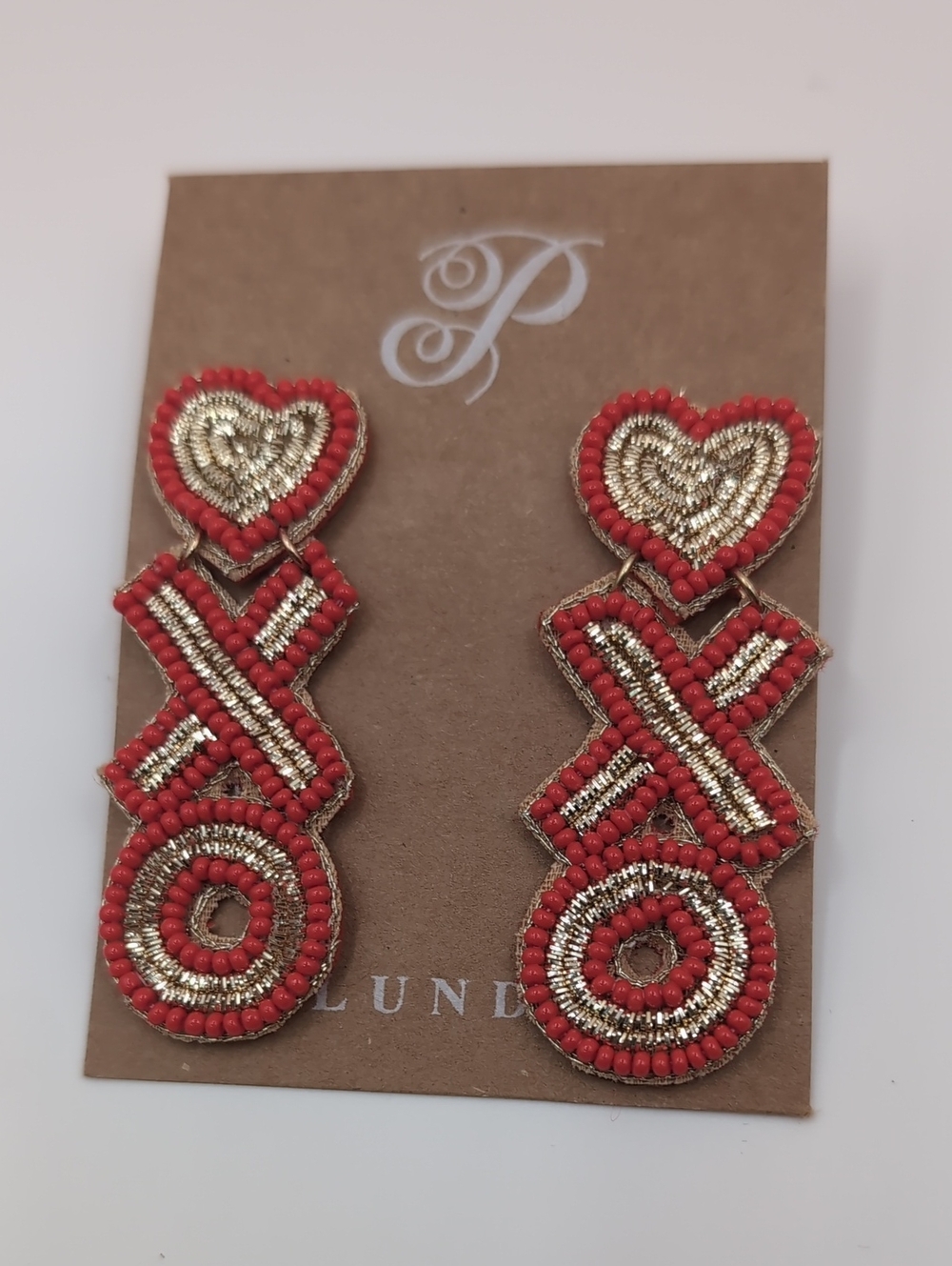 Plunder Designs XOXO Red & Gold Beaded Dangle Earrings New In Box - Picture 2 of 5